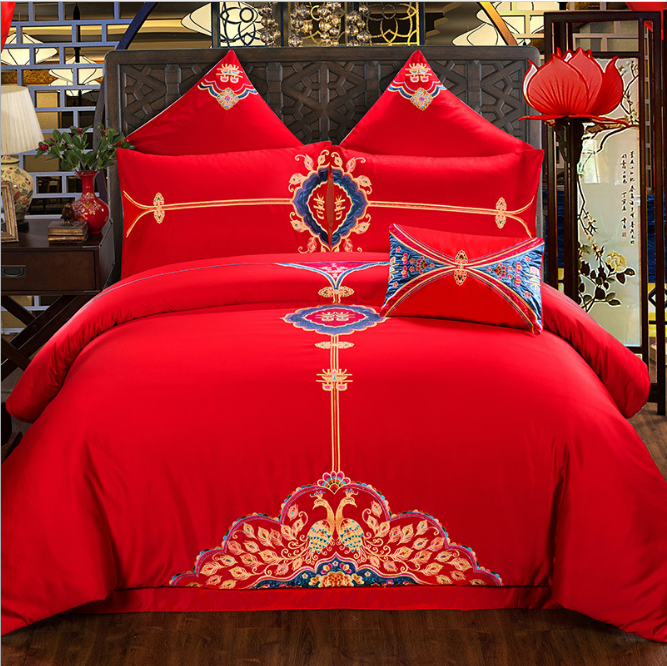 新中式婚庆贴布绣花四件套大红六件套床上用品厂家直销一件代发