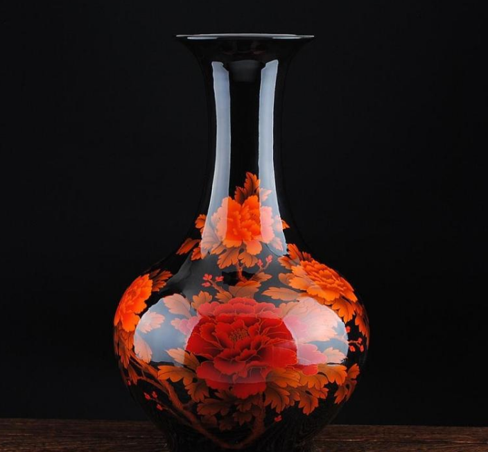 景德镇陶瓷花瓶 黑色花开富贵牡丹赏瓶 精致水晶釉工艺品批发代销