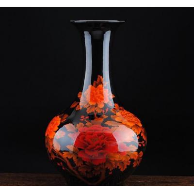 景德镇陶瓷花瓶 黑色花开富贵牡丹赏瓶 精致水晶釉工艺品批发代销